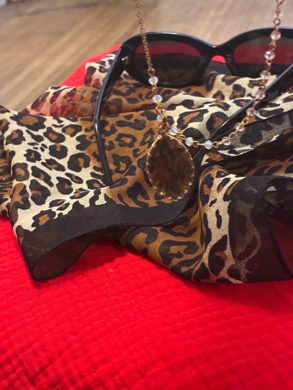 Breakfast at Tiffany’s Bundle: Vintage Leopard Scarf, Gold Necklace, Blk Shades - Picture 12 of 13